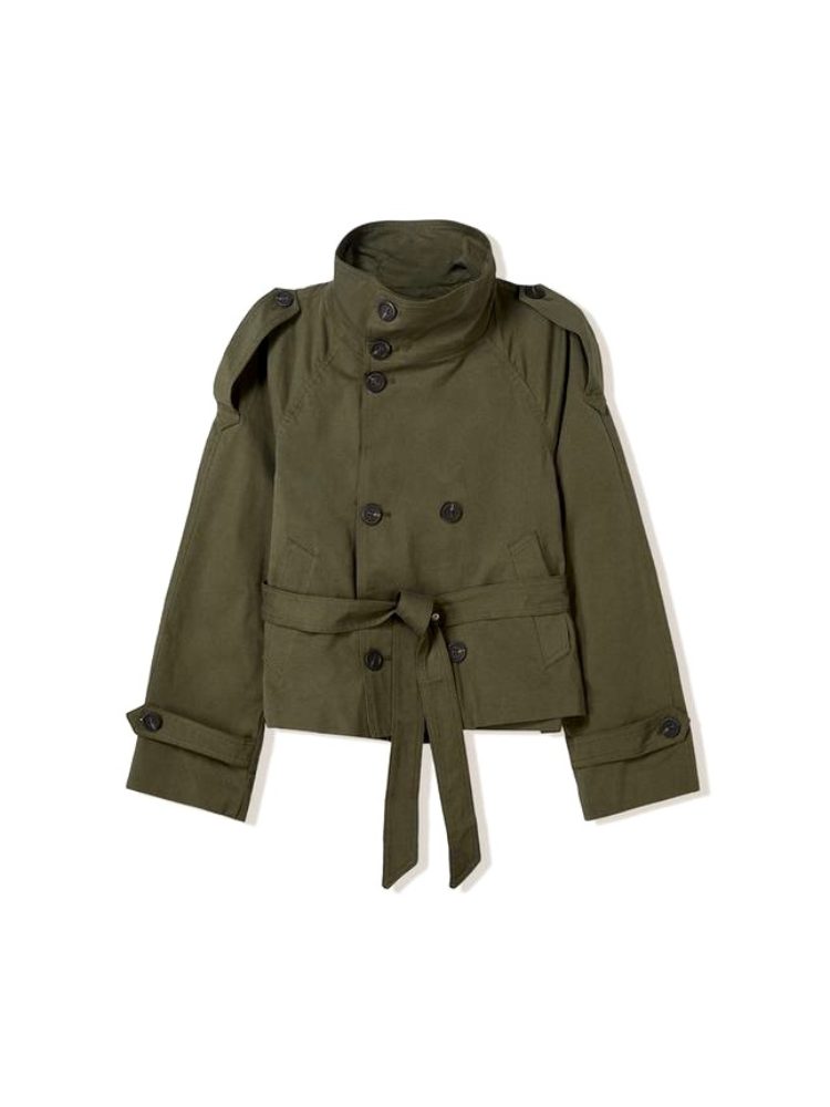 Short double-breasted trench coat with stand collar and tie belt