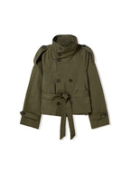 Short double-breasted trench coat with stand collar and tie belt