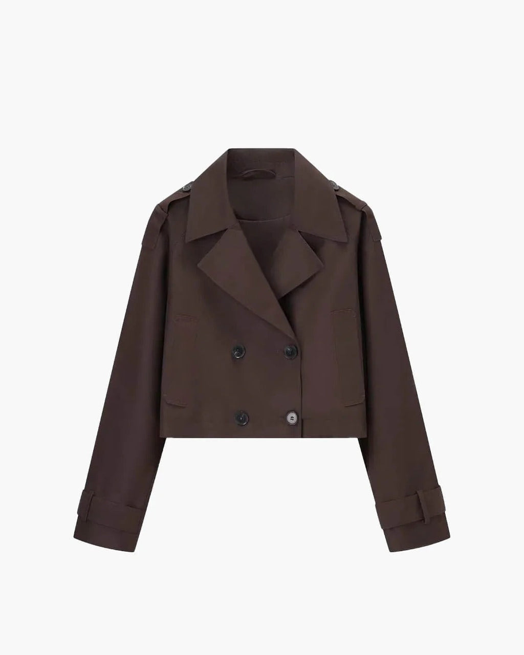 Short trench coat with double-breasted front, product still life