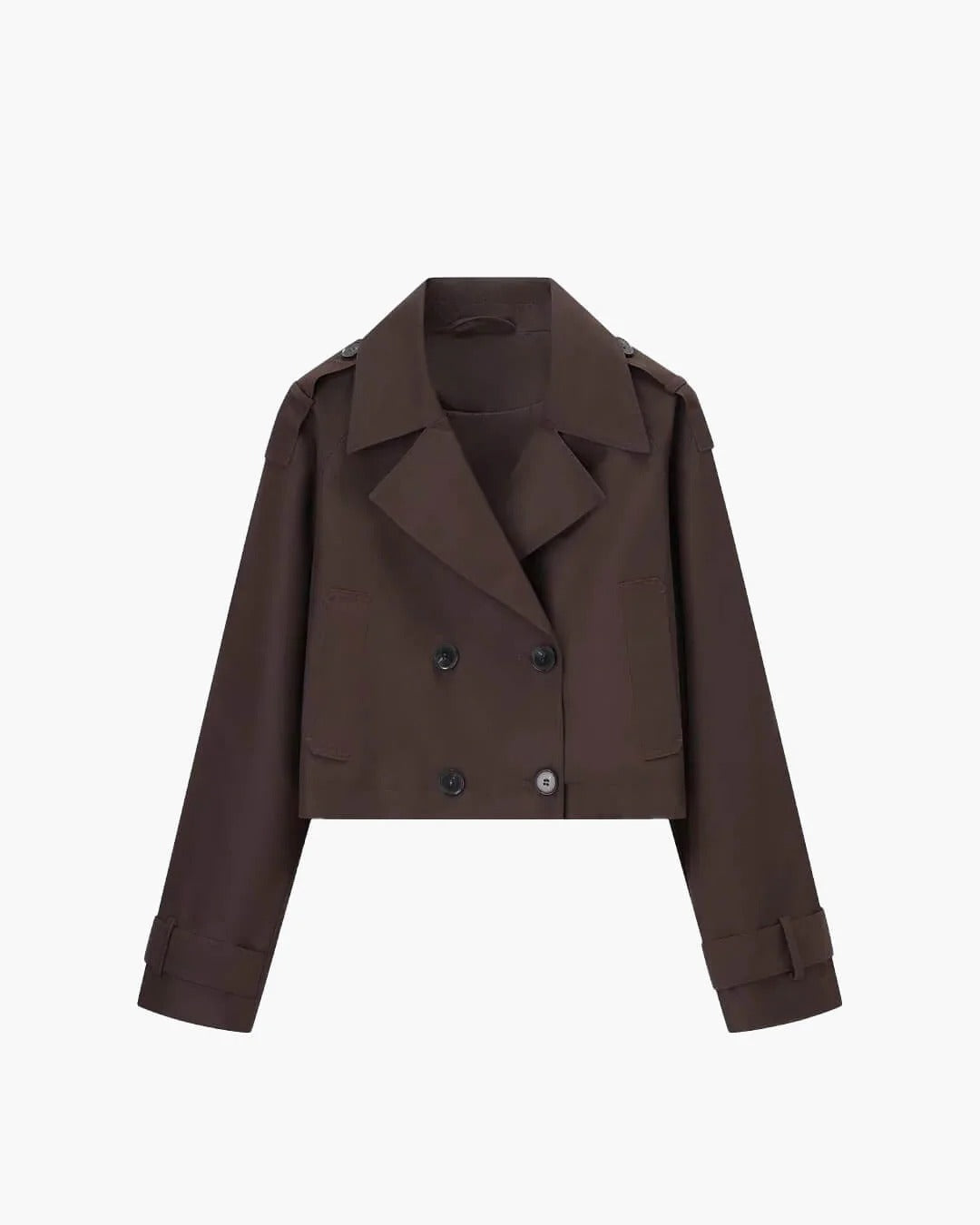 Short trench coat with double-breasted front, product still life
