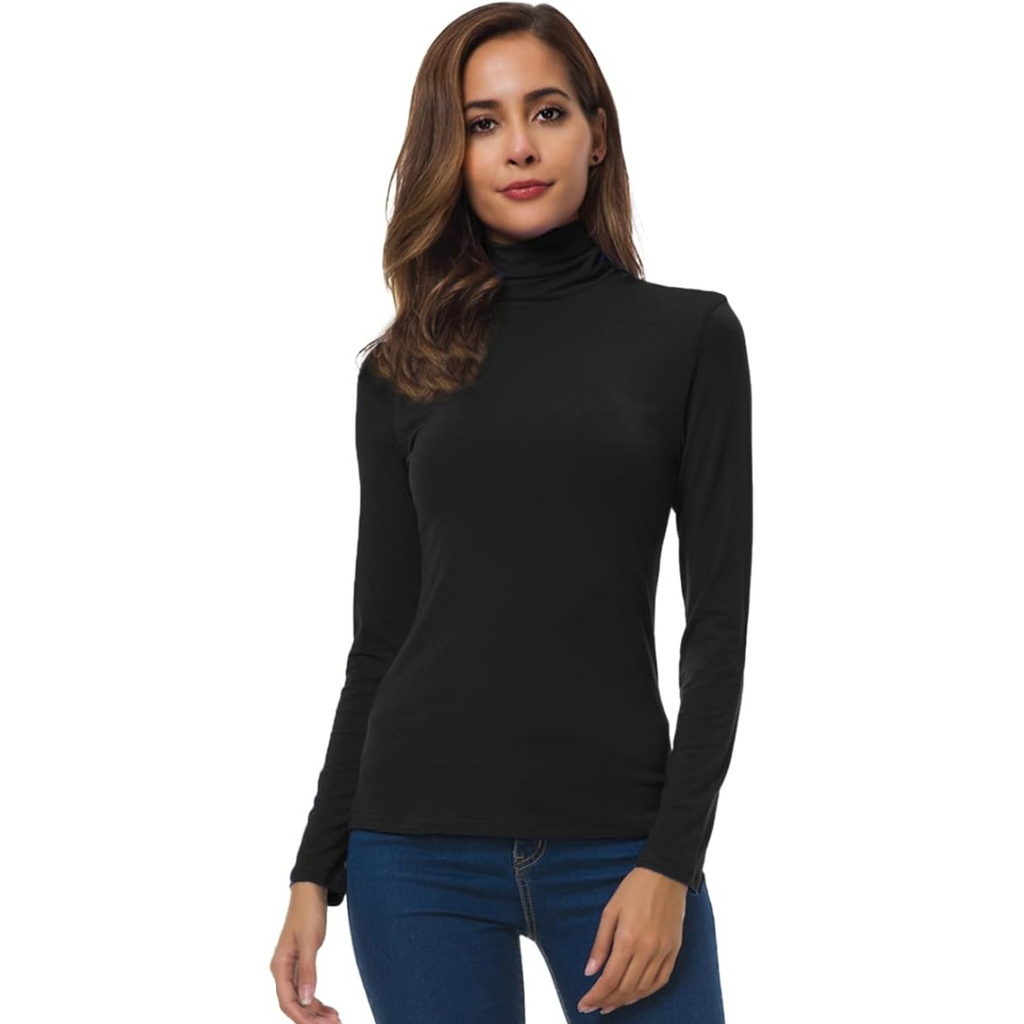 Black slim fit roll neck jumper with a sleek, form-fitting shape for layering