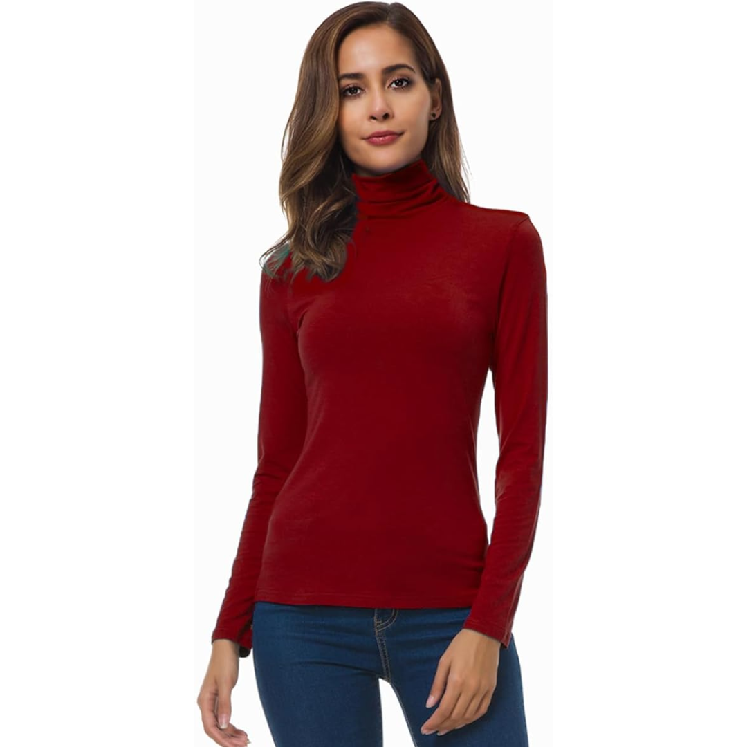 Red slim fit roll neck jumper with a sleek, form-fitting shape for layering