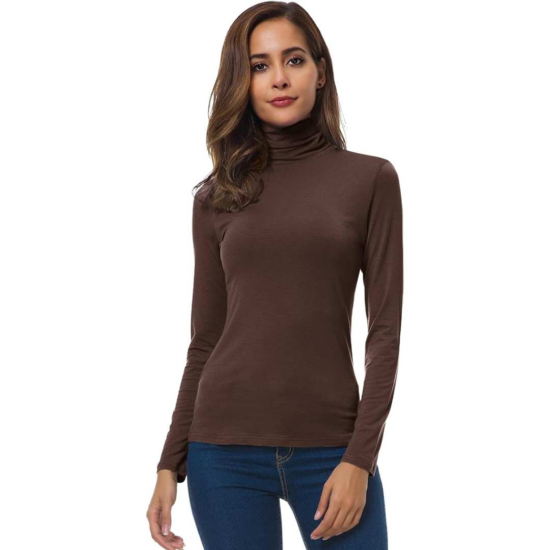 Coffee slim fit roll neck jumper with a sleek, form-fitting shape for layering