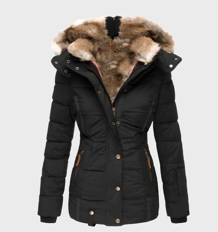 Women's black hooded puffer jacket with a slim fit and insulated lining