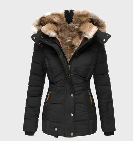 Women's black hooded puffer jacket with a slim fit and insulated lining