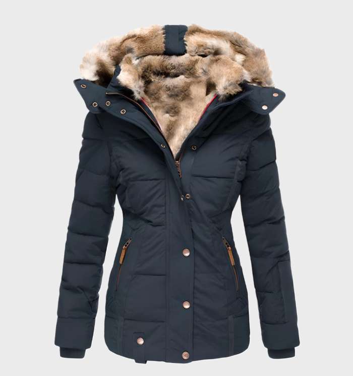 Women's black hooded puffer jacket with a slim fit and insulated lining