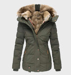Women's black hooded puffer jacket with a slim fit and insulated lining