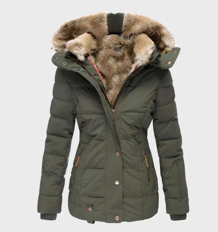 Women's black hooded puffer jacket with a slim fit and insulated lining