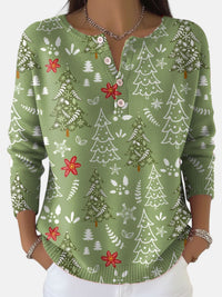 Lucinda | Women's Christmas Tree Print Button-Placket Jumper