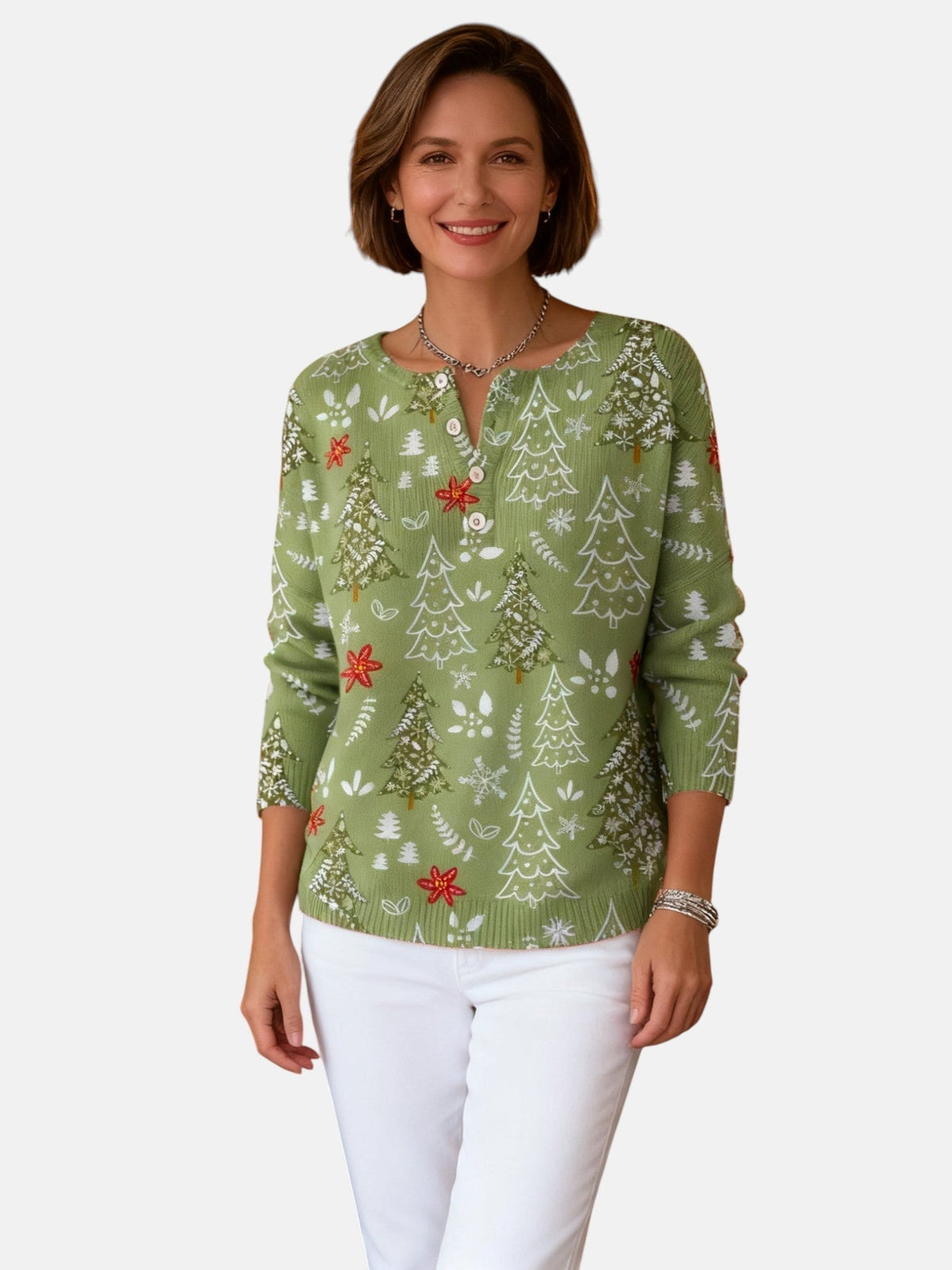 Christmas tree print jumper with button placket, product still life