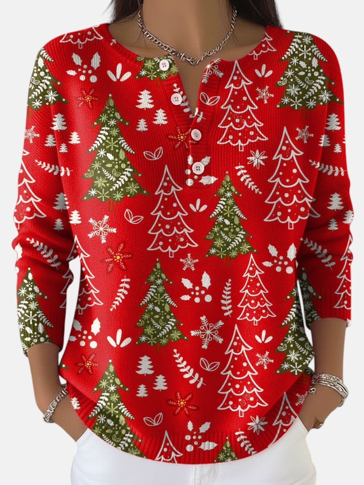 Christmas tree print jumper with button placket, product still life