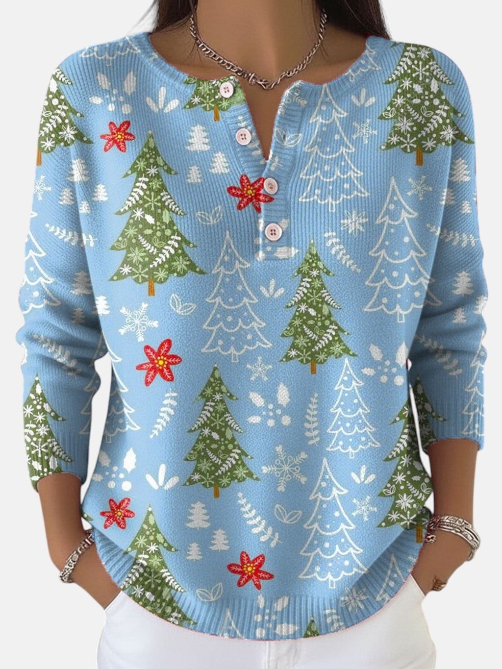 Christmas tree print jumper with button placket, product still life