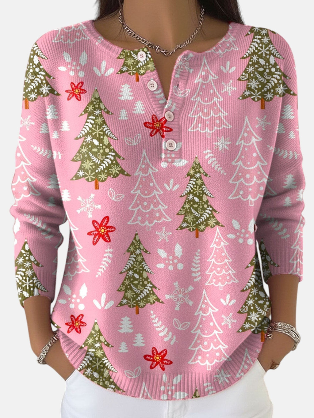 Christmas tree print jumper with button placket, product still life