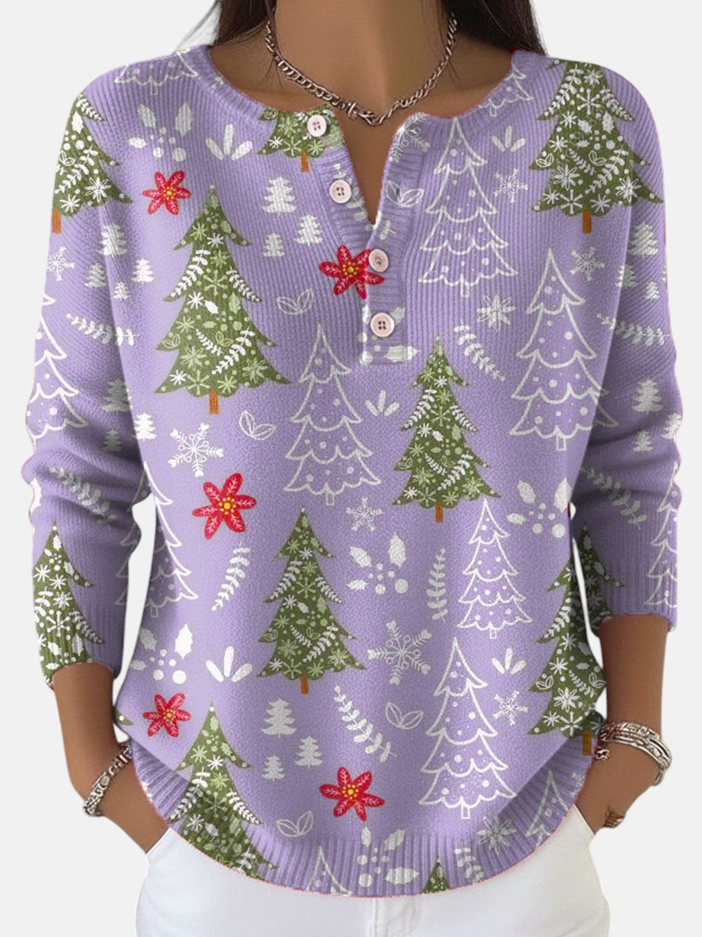 Christmas tree print jumper with button placket, product still life