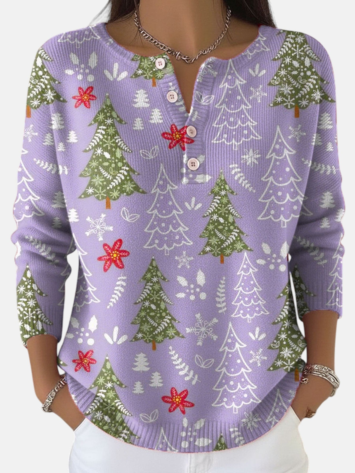 Christmas tree print jumper with button placket, product still life