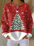 Red waffle-knit Christmas jumper with snowy tree print and white trim