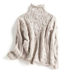 Women's beige chunky cable knit pointelle roll neck jumper