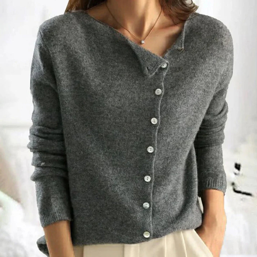 Women's dark grey fine knit asymmetric button-up cardigan