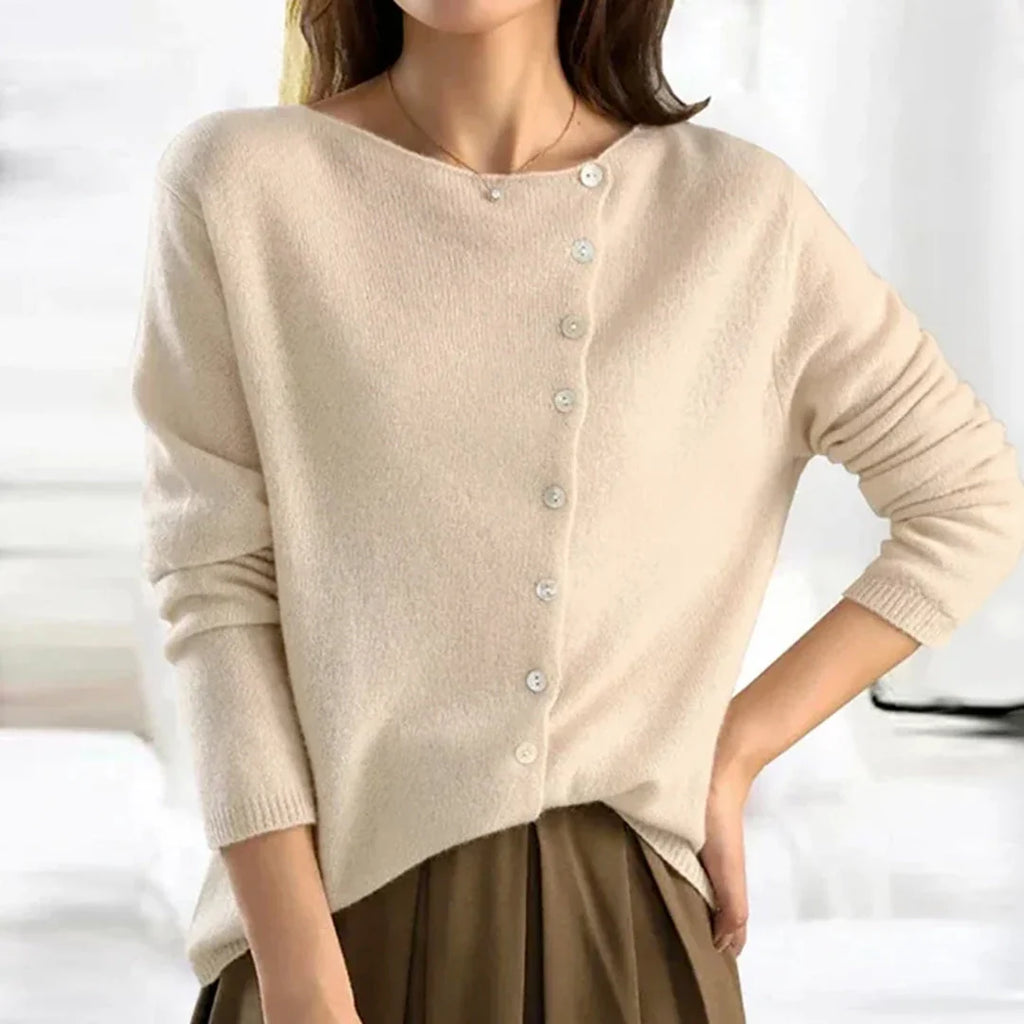 Women's cream fine knit asymmetric button-up cardigan