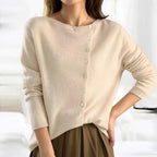 Women's cream fine knit asymmetric button-up cardigan