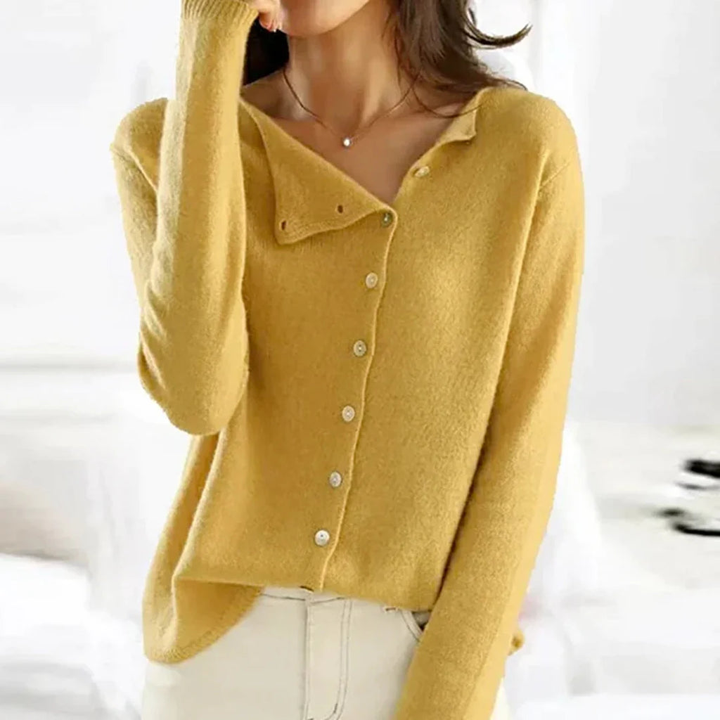 Women's mustard fine knit asymmetric button-up cardigan