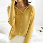 Women's mustard fine knit asymmetric button-up cardigan