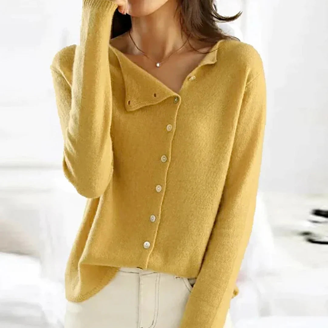 Women's mustard fine knit asymmetric button-up cardigan