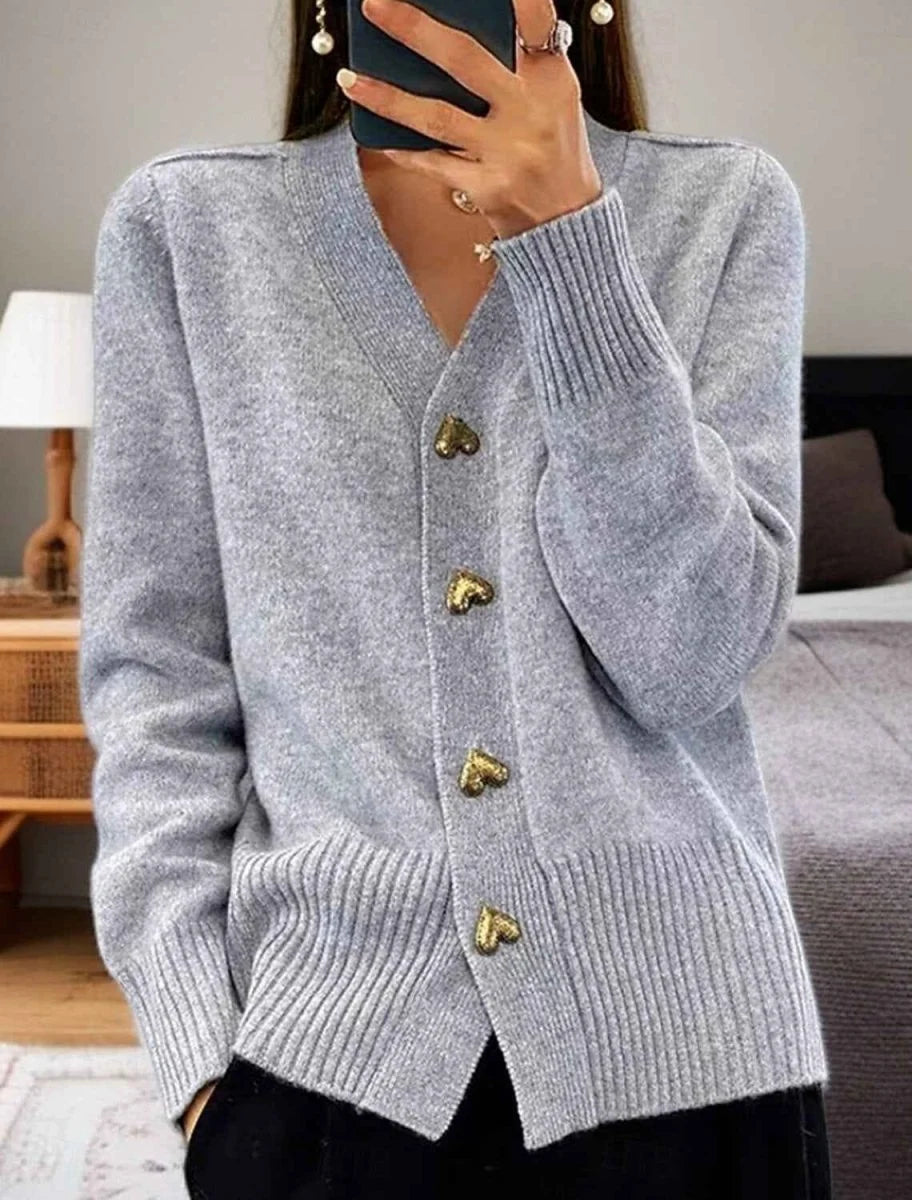 Women's grey v neck cardigan with heart buttons