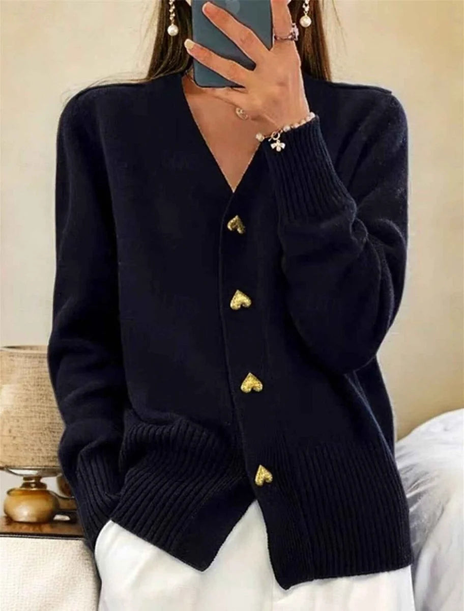 Women's black v neck cardigan with heart buttons