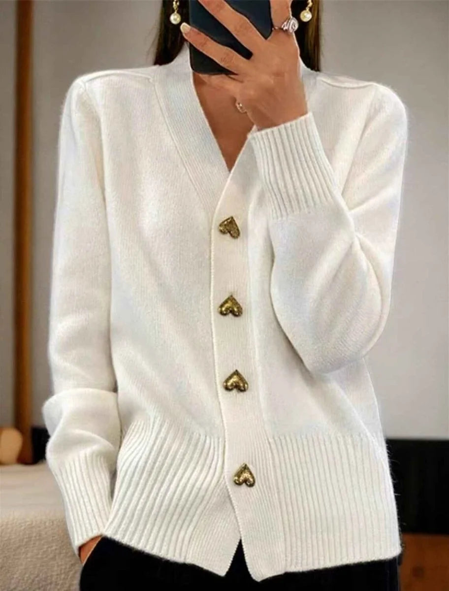 Women's white v neck cardigan with heart buttons