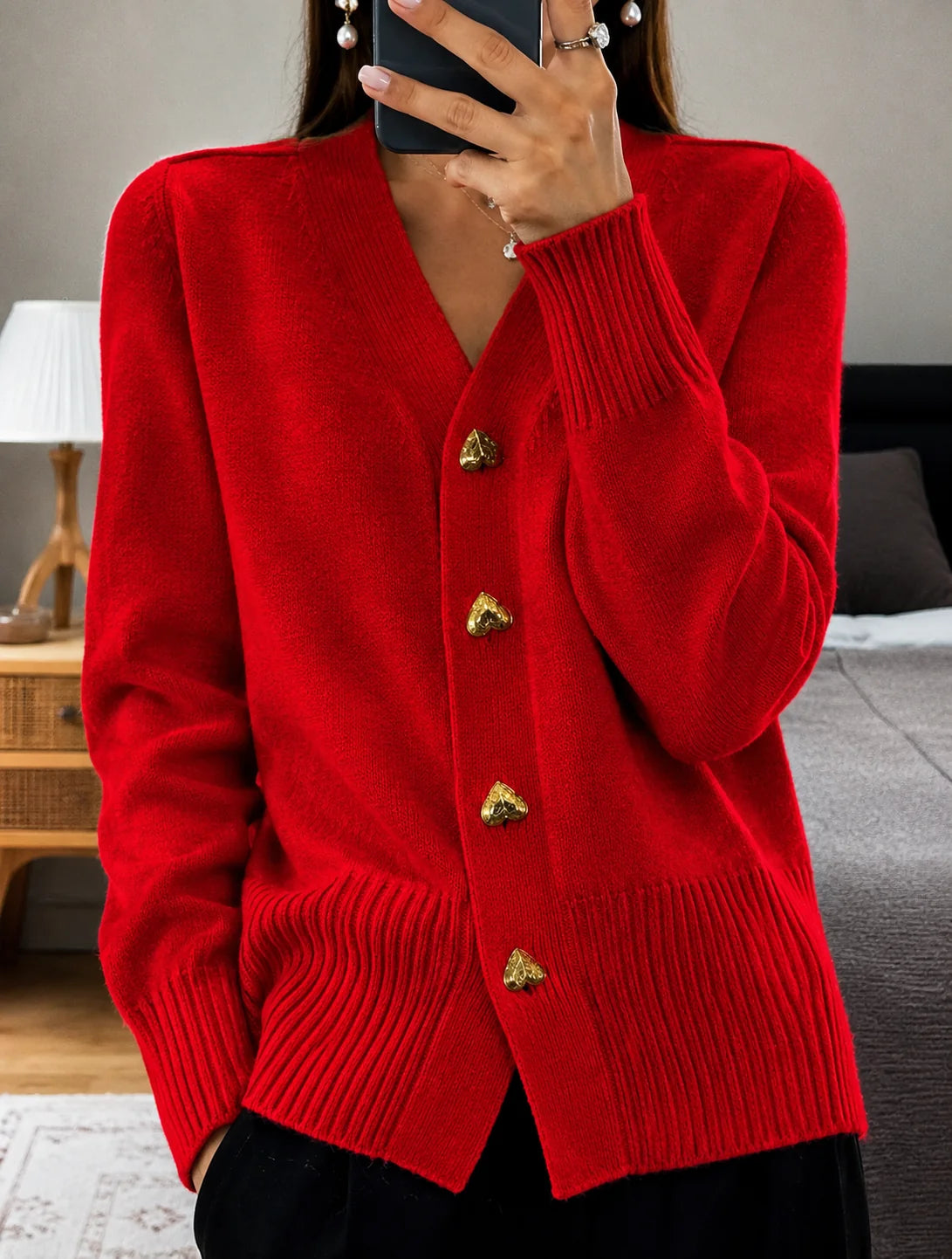 Women's red v neck cardigan with heart buttons