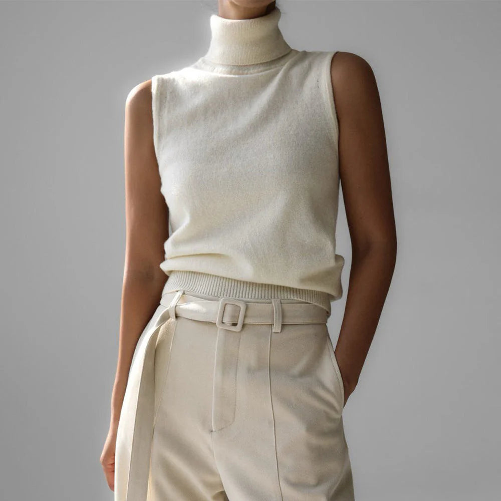 Women's off white fine knit sleeveless roll neck jumper