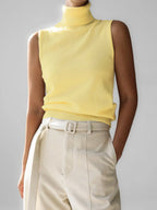 Women's yellow fine knit sleeveless roll neck jumper