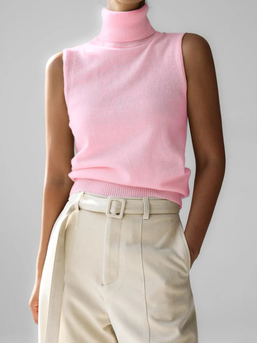 Women's pink fine knit sleeveless roll neck jumper