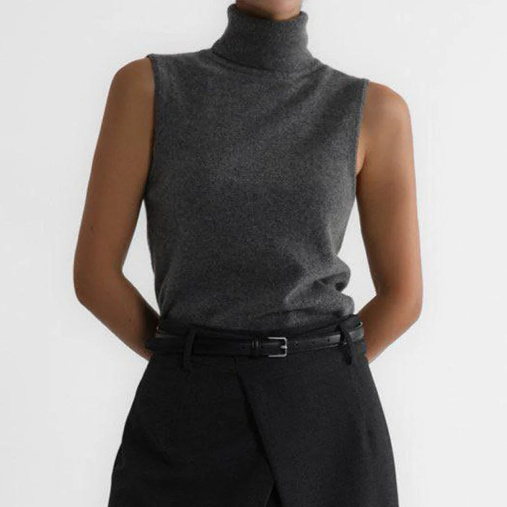 Women's dark grey fine knit sleeveless roll neck jumper