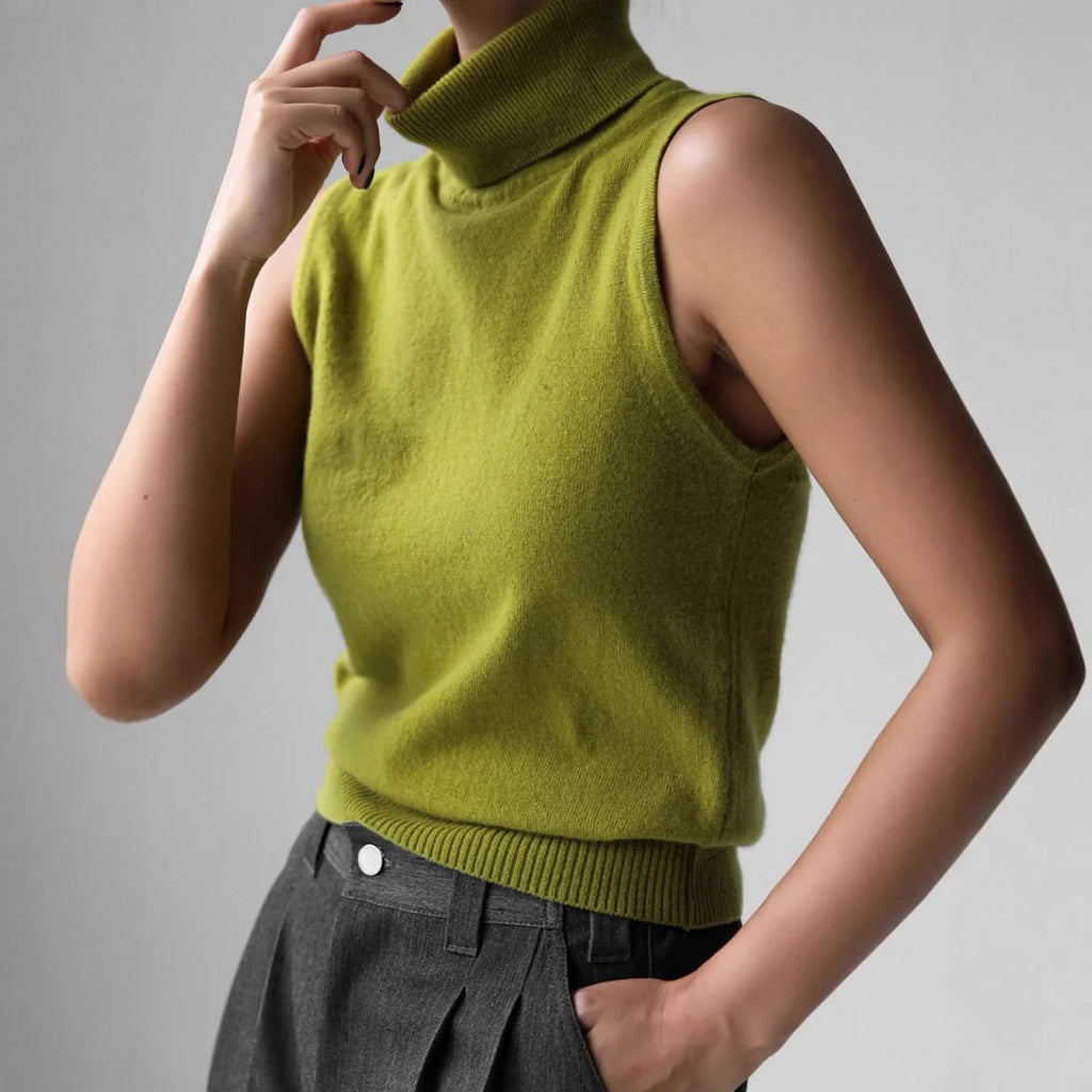 Women's olive green fine knit sleeveless roll neck jumper