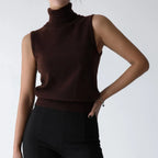 Women's dark brown fine knit sleeveless roll neck jumper