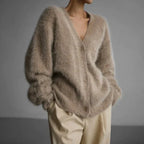 Women's fluffy v-neck button-up cardigan