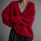 Women's red fluffy v-neck button-up cardigan