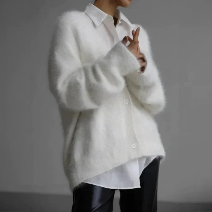 Women's white fluffy v-neck button-up cardigan