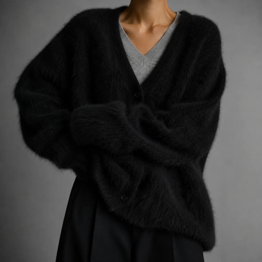 Women's black fluffy v-neck button-up cardigan