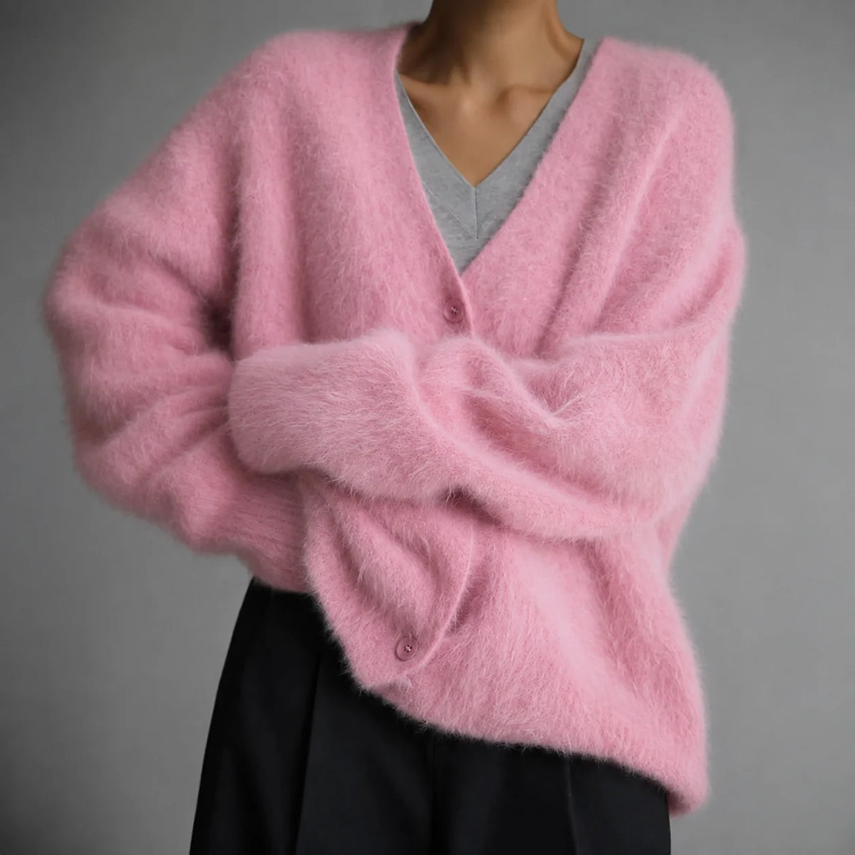 Women's pink fluffy v-neck button-up cardigan