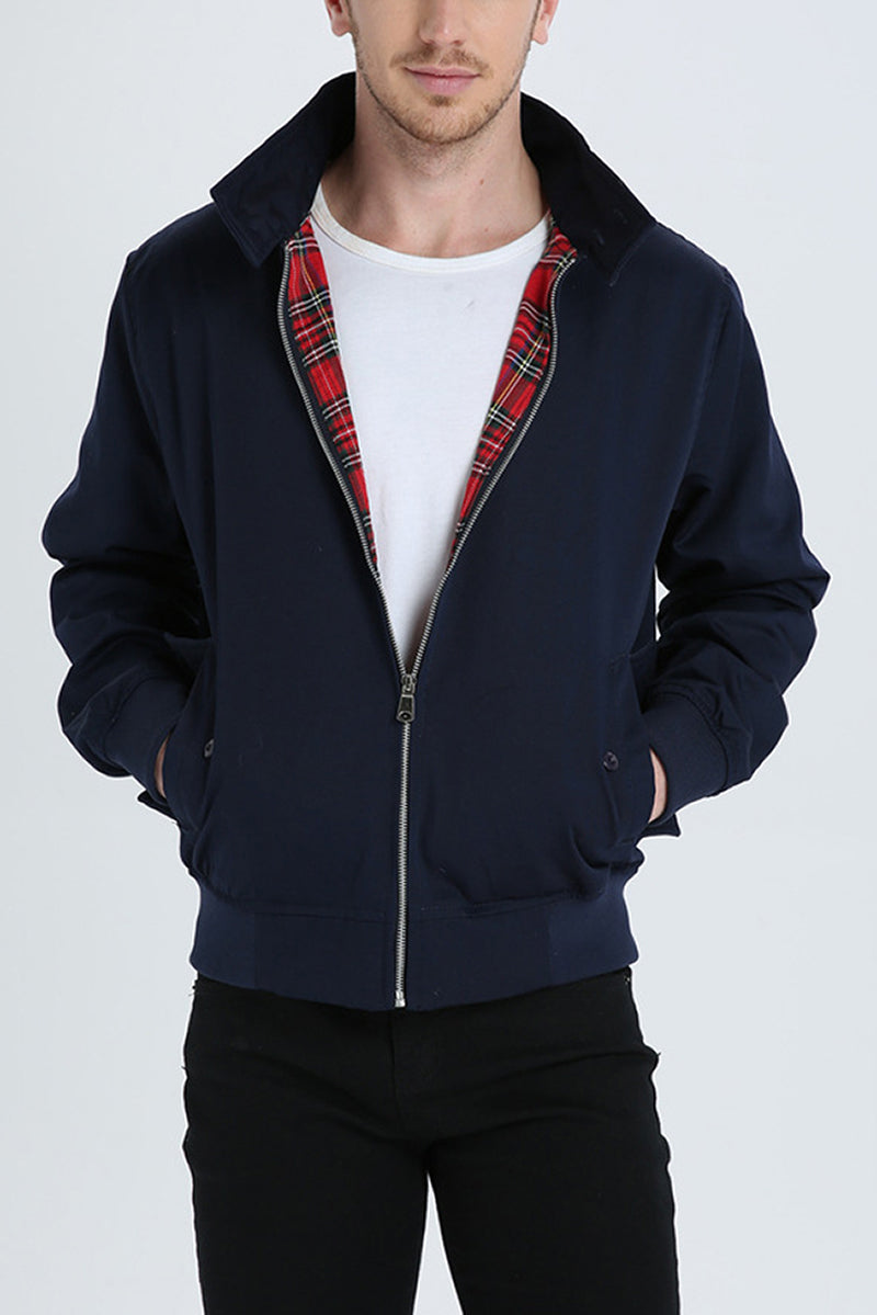 Men's dark blue ribbed cuff harrington jacket for autumn
