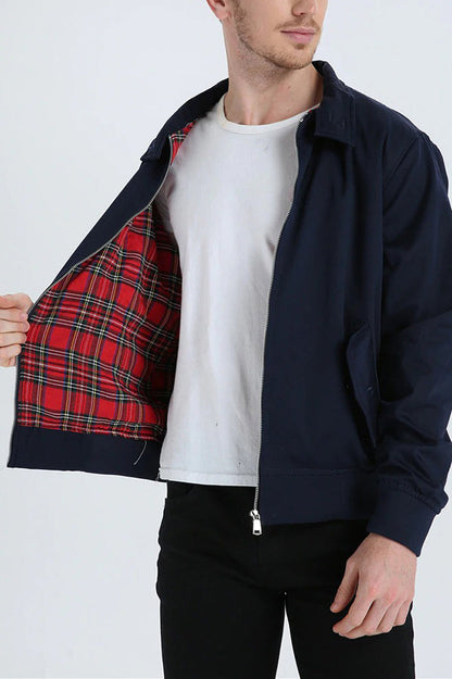 Men's dark blue ribbed cuff harrington jacket for autumn