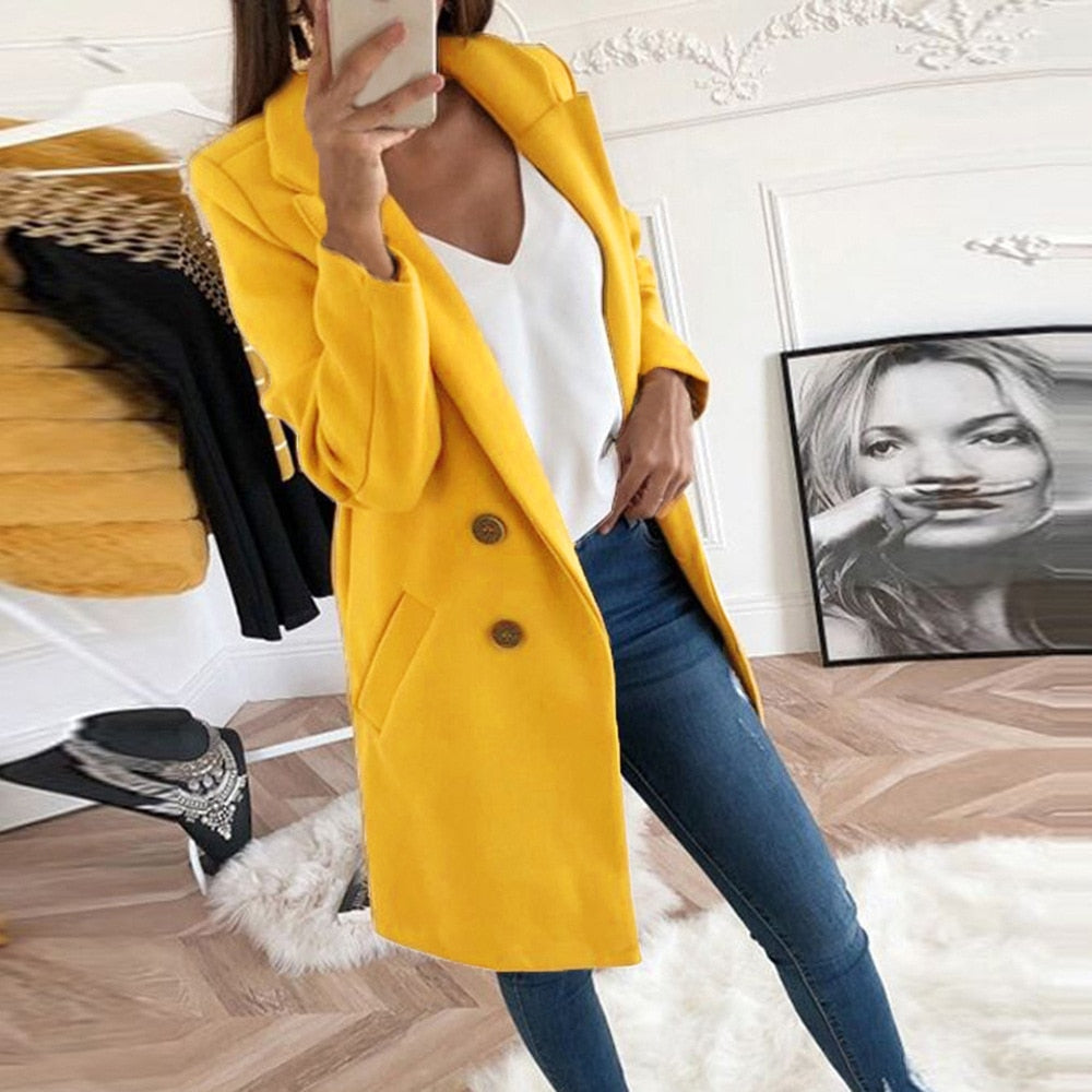 Women's yellow lapel collar button front coat with front pockets, autumn layering piece