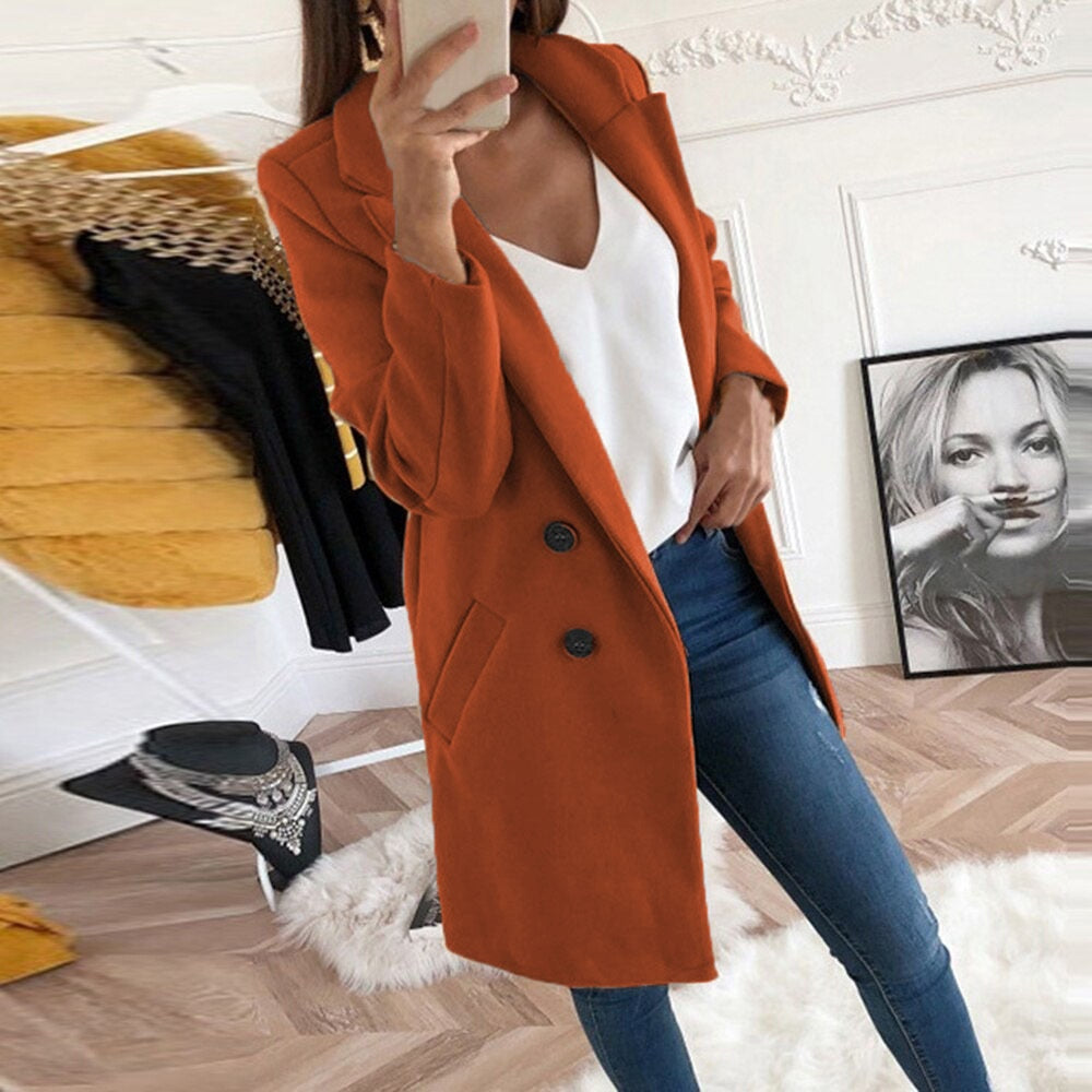 Women's yellow lapel collar button front coat with front pockets, autumn layering piece