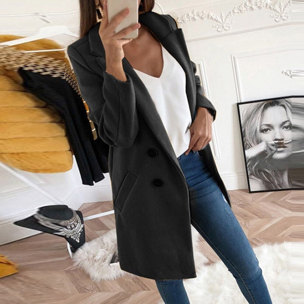 Women's yellow lapel collar button front coat with front pockets, autumn layering piece
