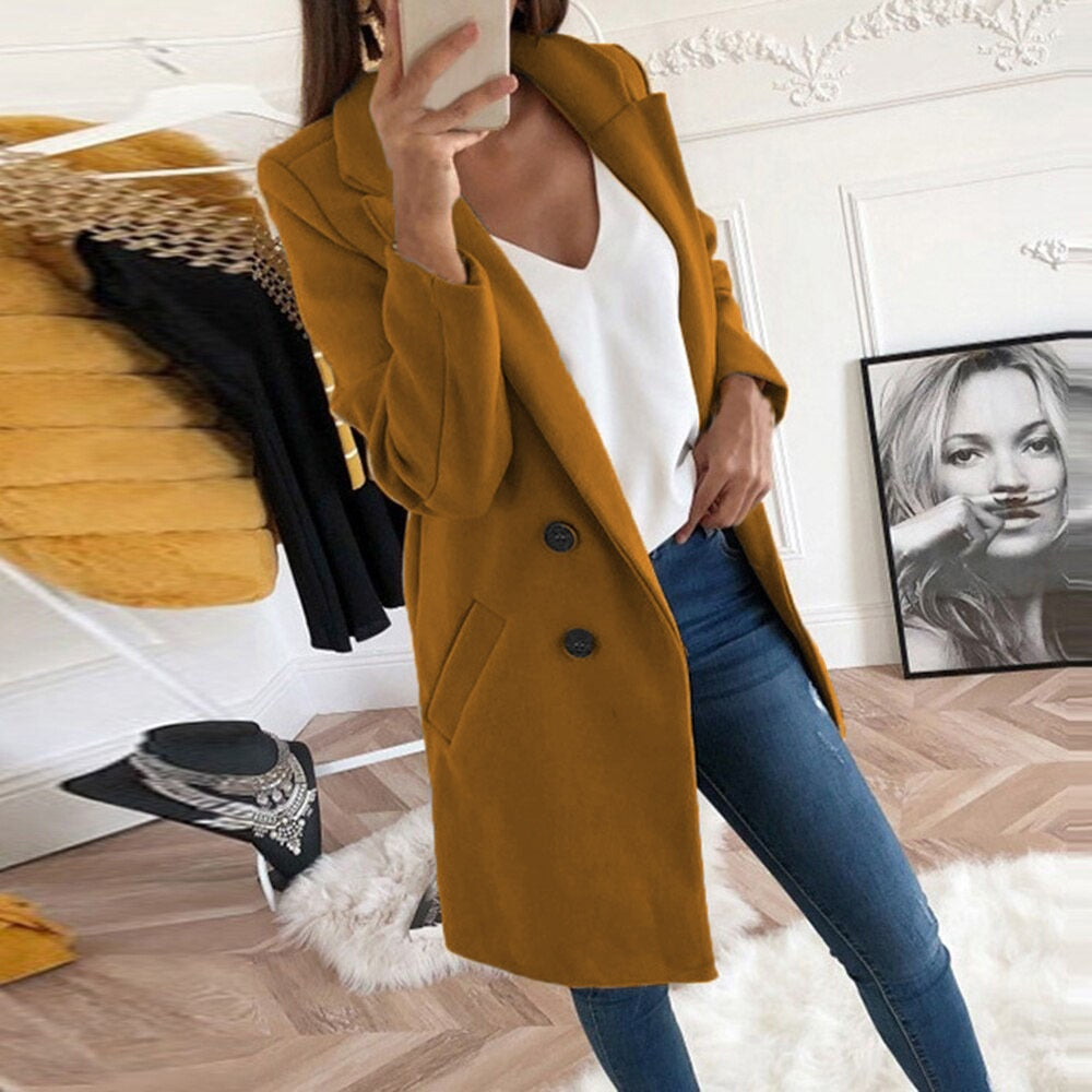 Women's yellow lapel collar button front coat with front pockets, autumn layering piece