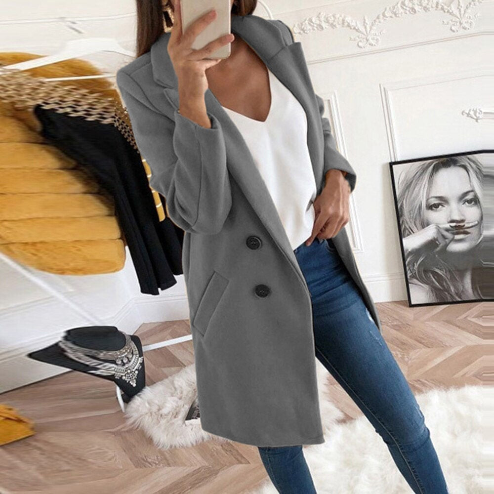 Women's yellow lapel collar button front coat with front pockets, autumn layering piece