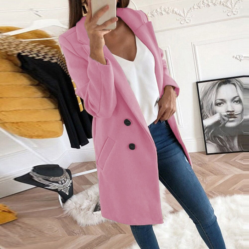 Women's yellow lapel collar button front coat with front pockets, autumn layering piece